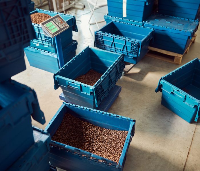 Plastic container with coffee beans on scales